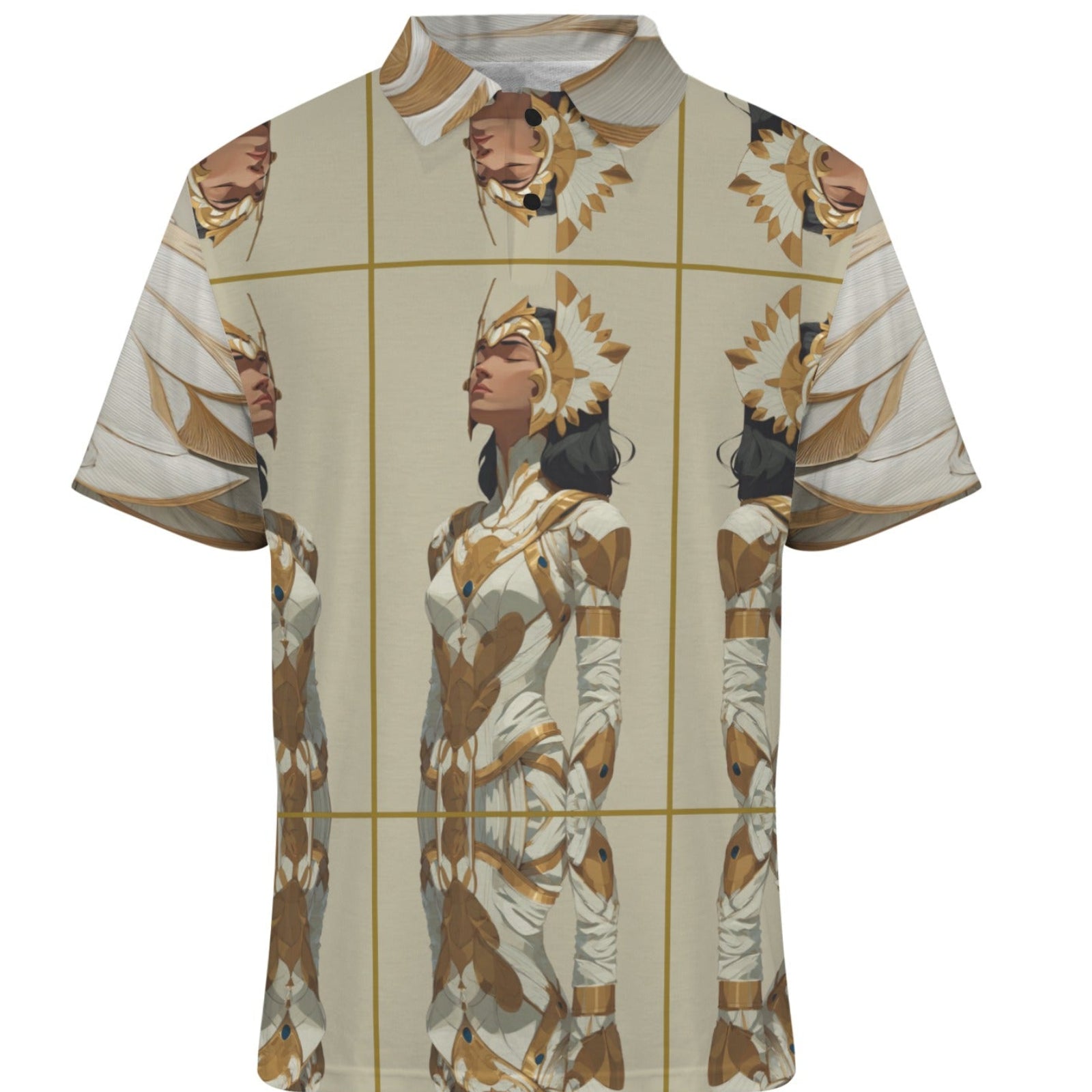 T-shirt with a graphic design of a person in an ancient Egyptian costume on a white background