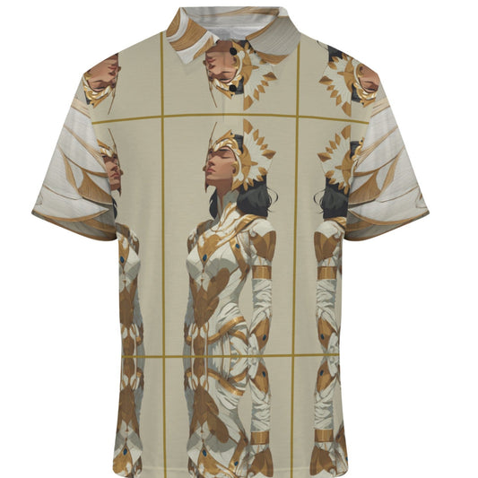 T-shirt with a graphic design of a person in an ancient Egyptian costume on a white background