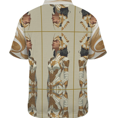 Short-sleeve shirt with a graphic design of a woman in an ancient Egyptian costume on a beige background.