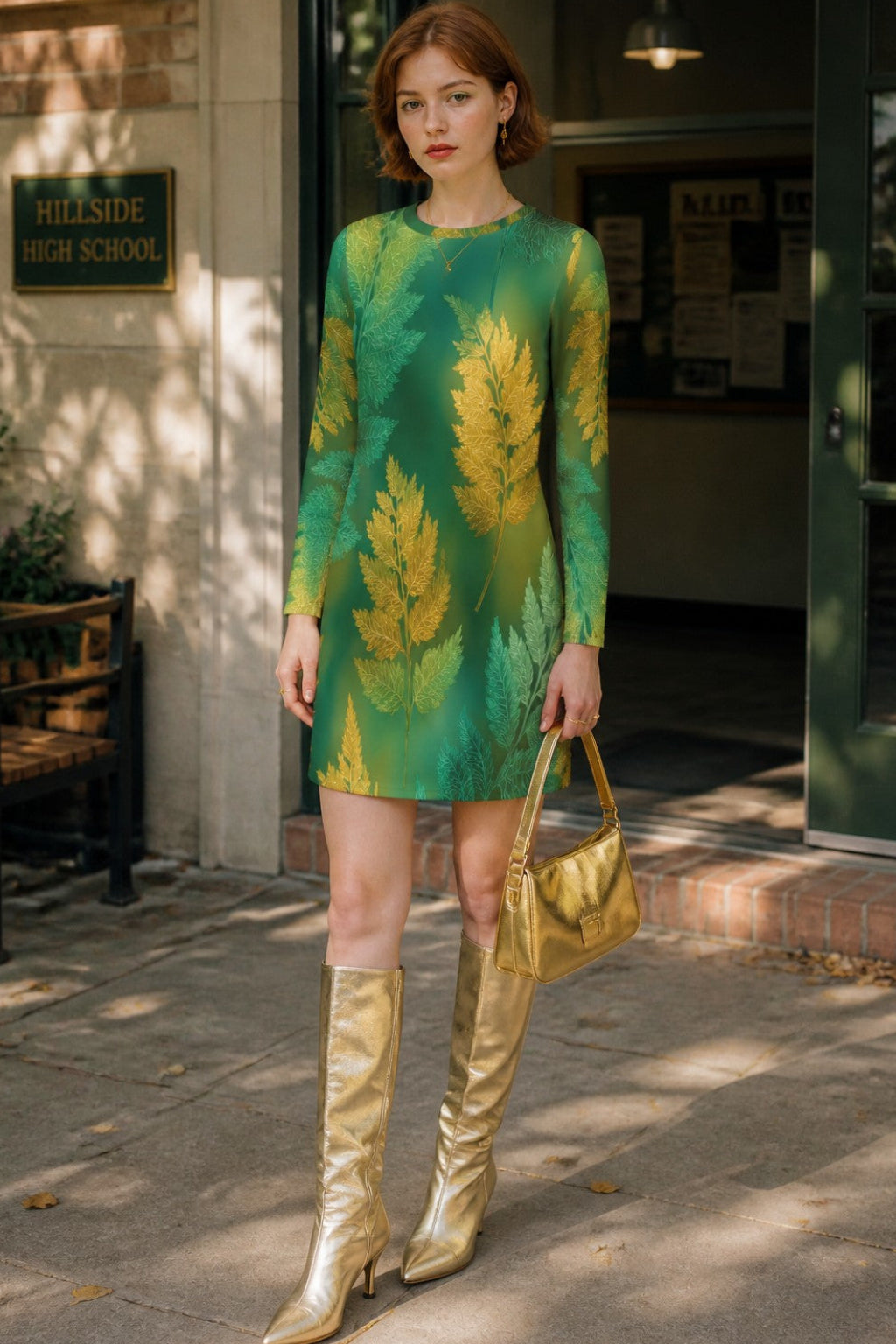 A woman stands on a sidewalk outside a building entrance wearing a green long-sleeve mini dress with a yellow leaf pattern, paired with shiny gold knee-high boots and holding a gold handbag.