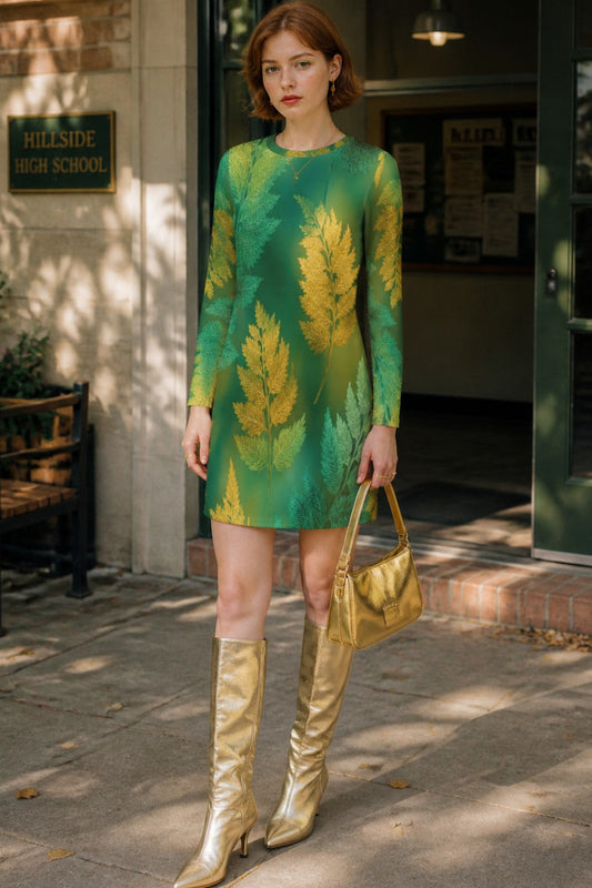 A woman stands on a sidewalk outside a building entrance wearing a green long-sleeve mini dress with a yellow leaf pattern, paired with shiny gold knee-high boots and holding a gold handbag.