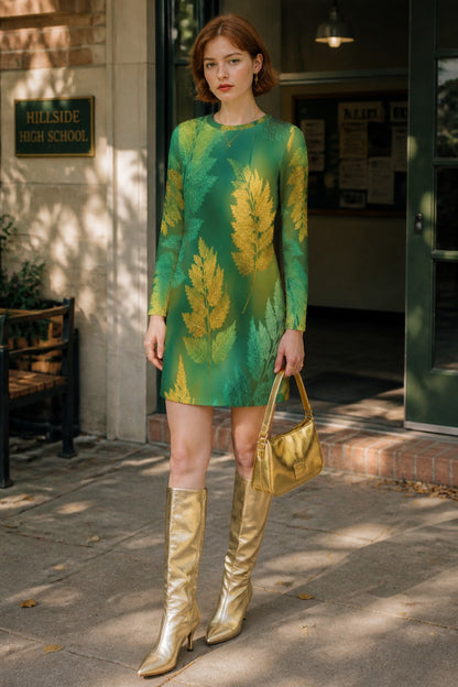 A woman stands on a sidewalk outside a building entrance wearing a green long-sleeve mini dress with a yellow leaf pattern, paired with shiny gold knee-high boots and holding a gold handbag.