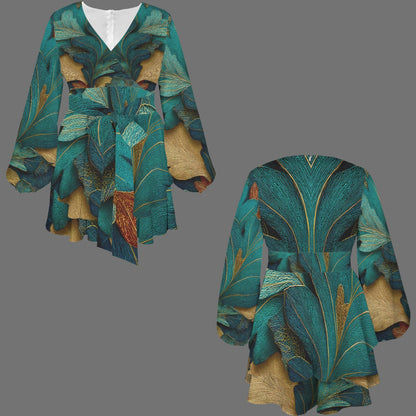 A women's long-sleeve wrap-style dress shown from both front and back on a plain gray background. The garment features an abstract botanical pattern in teal, turquoise, and gold, with a V-neckline and a self-tie belt at the waist.