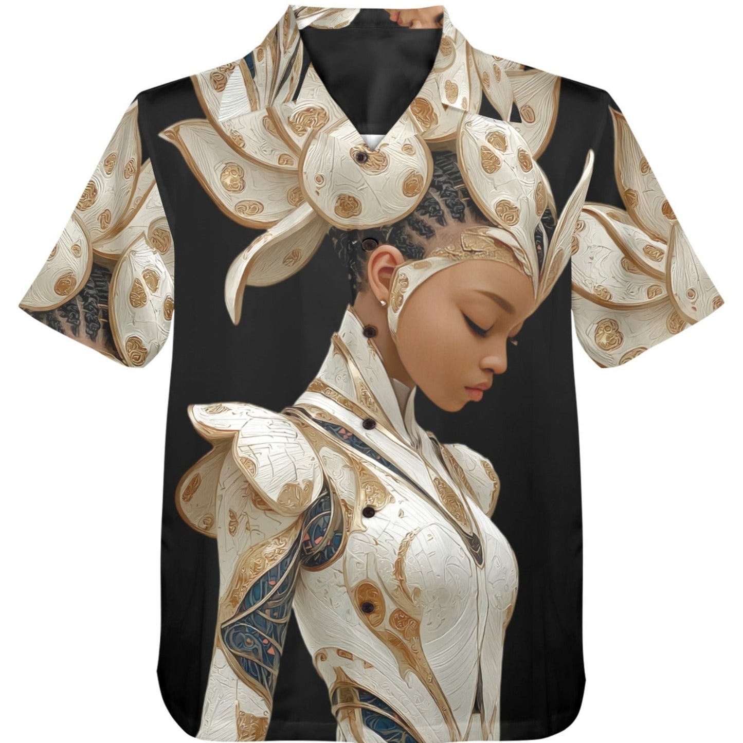 Shirt with a decorative design of a woman's face on a white background