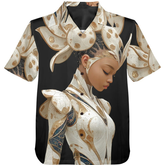 Shirt with a decorative design of a woman's face on a white background