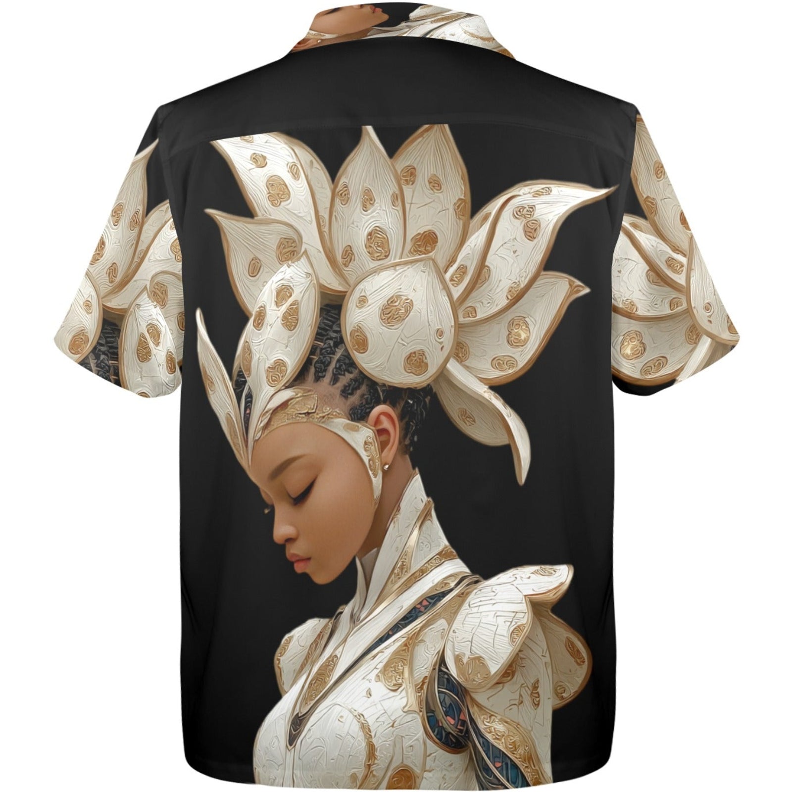 Black shirt with a gold and white floral design on the back