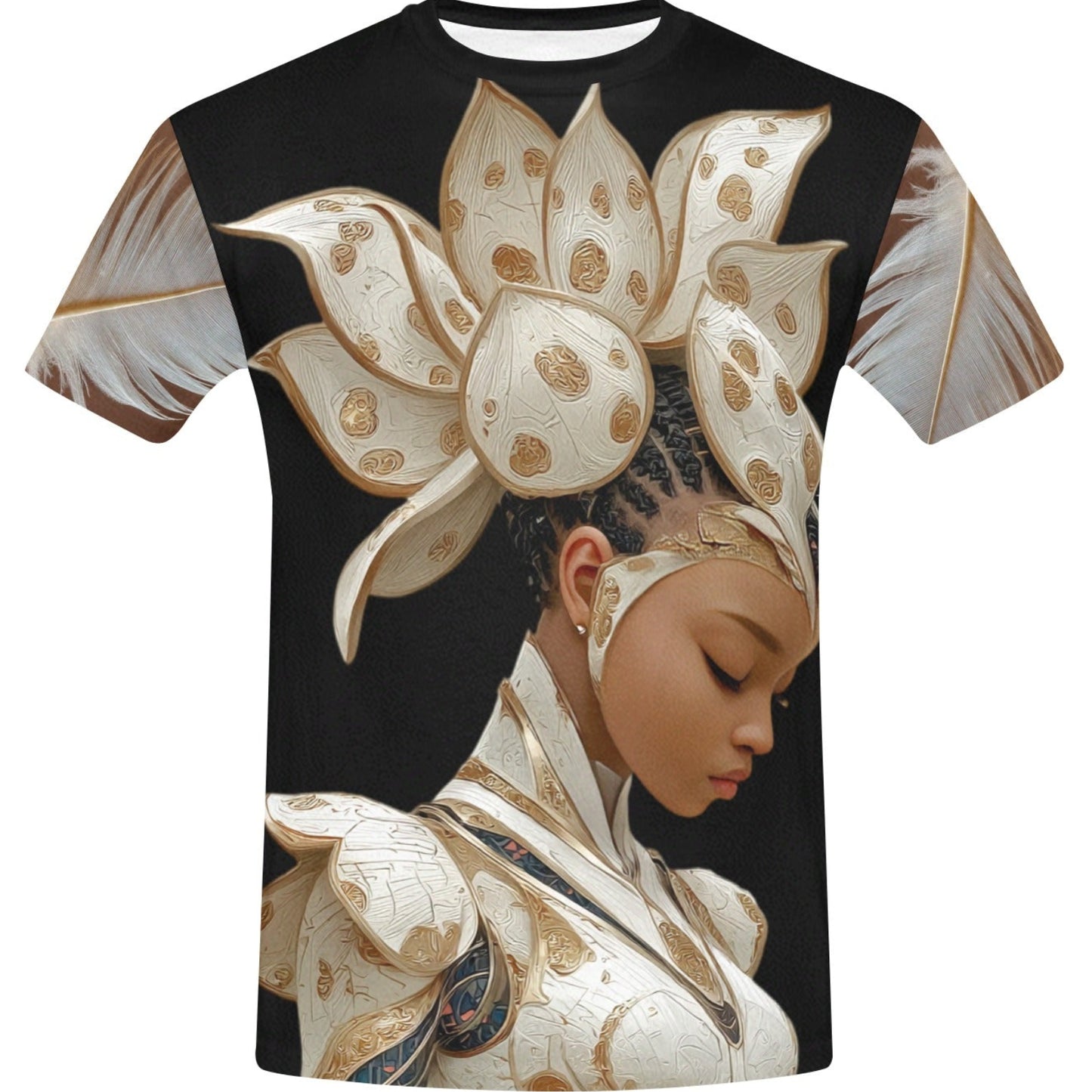 T-shirt with a design of a woman wearing a headpiece and traditional attire on a black background