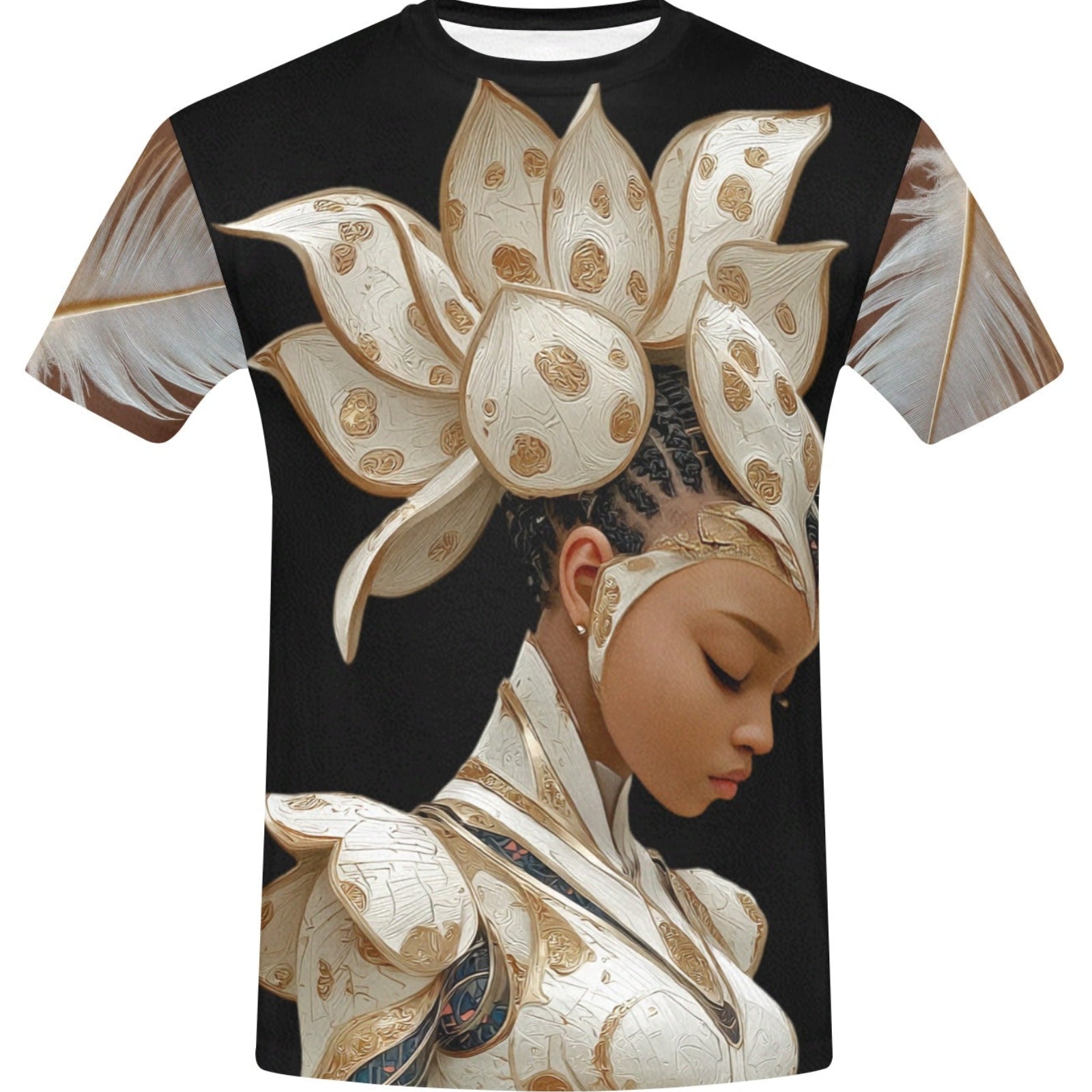 T-shirt with a design of a woman wearing a headpiece and traditional attire on a black background