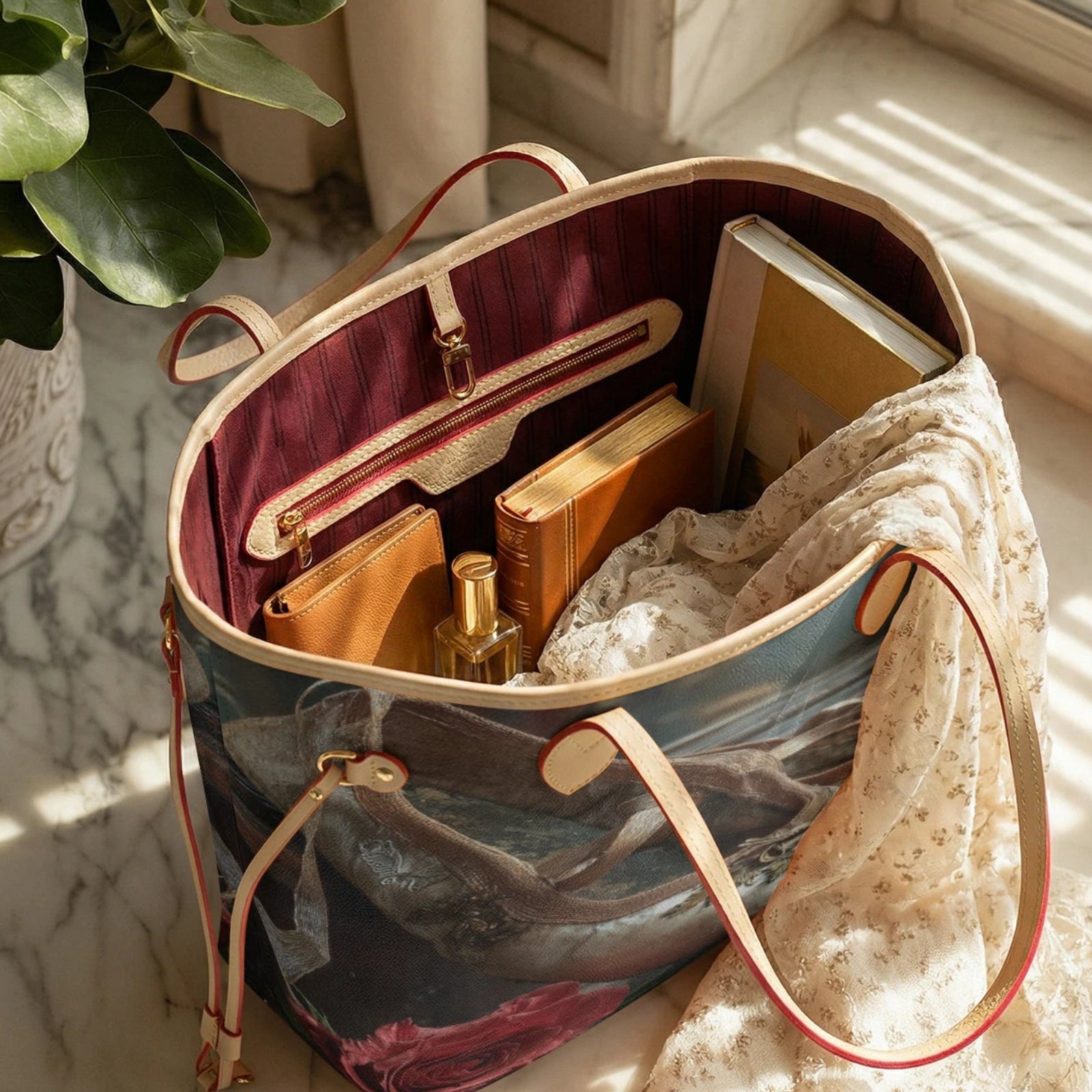 A tote bag with a printed art design of a woman on the outside and a burgundy interior, shown open on a marble windowsill with books, a perfume bottle, and a lace scarf.