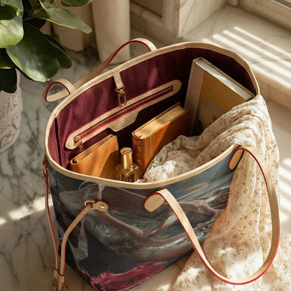 A tote bag with a printed art design of a woman on the outside and a burgundy interior, shown open on a marble windowsill with books, a perfume bottle, and a lace scarf.