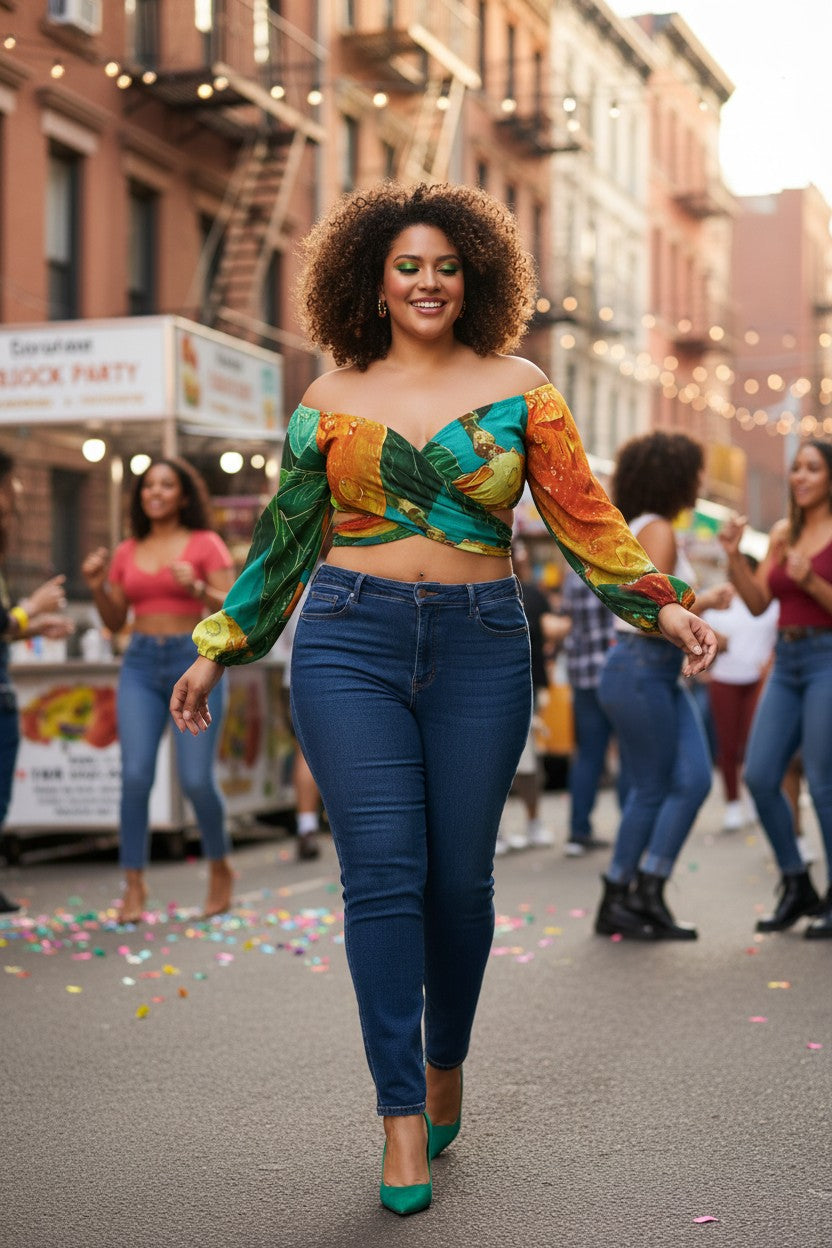 Woman in colorful top and blue jeans walking on a street with people and buildings in the background