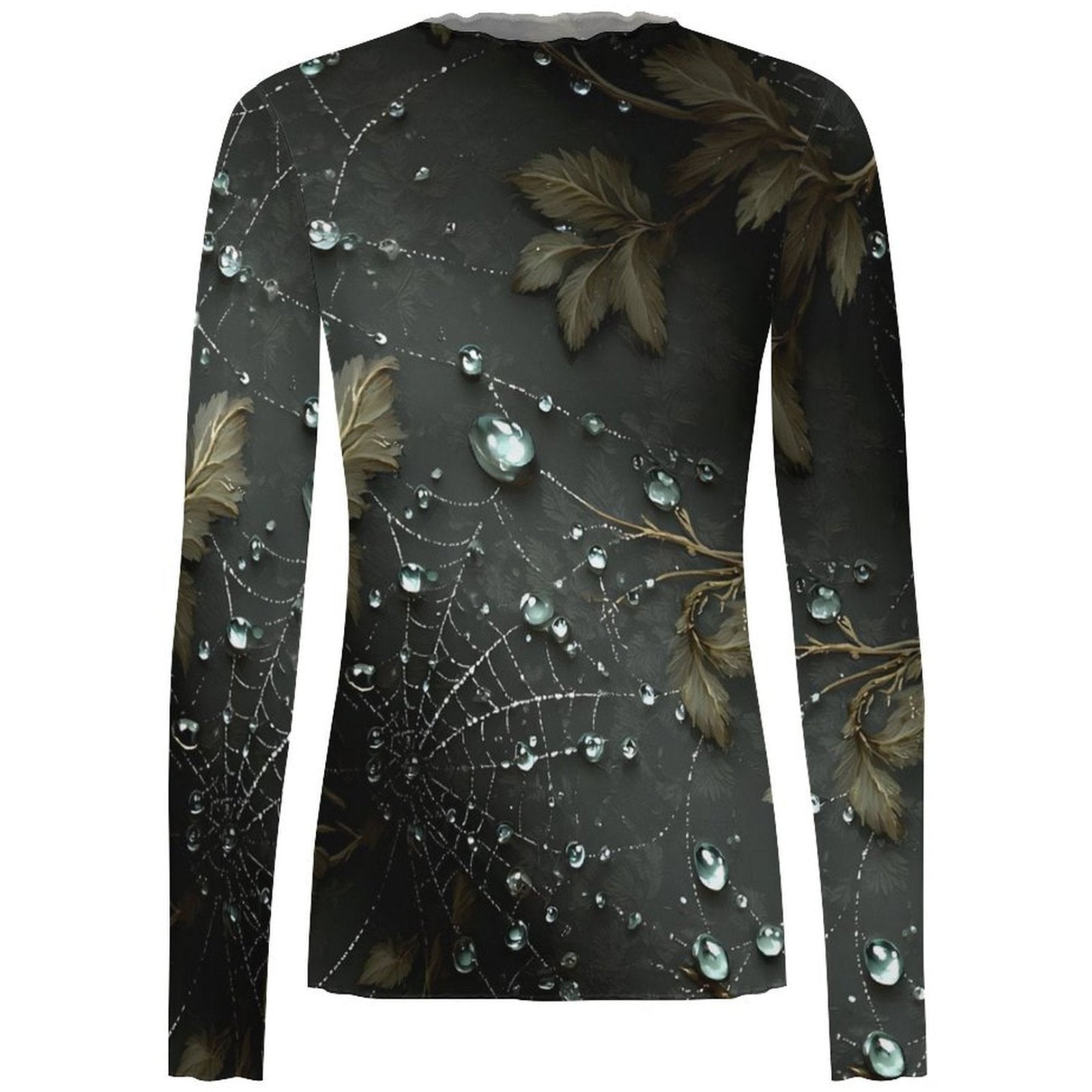 A long-sleeve crewneck shirt with an all-over print of dark gray spiderwebs, brown leaves, and clear water droplets on a white background.
