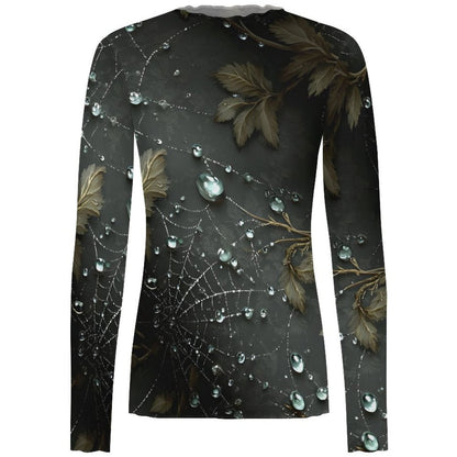 A long-sleeve crewneck shirt with an all-over print of dark gray spiderwebs, brown leaves, and clear water droplets on a white background.
