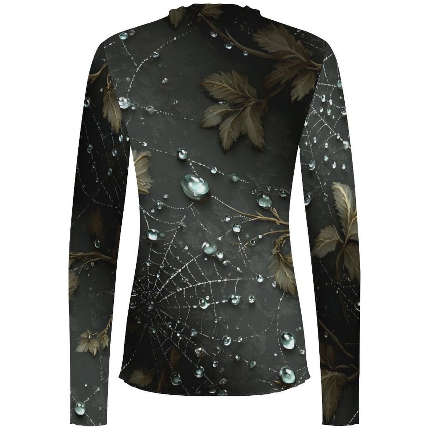 A long-sleeve high-neck top with an all-over print of dark brown leaves, spiderwebs, and clear water droplets on a dark charcoal background, shown against a plain white backdrop.