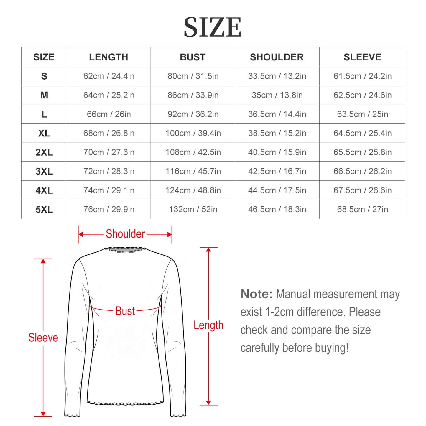 Size chart for a long-sleeve shirt with measurements in centimeters and inches.