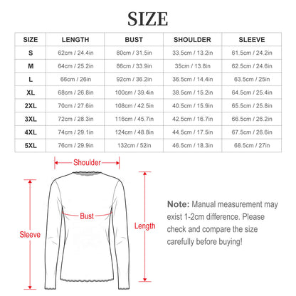 Size chart for a long-sleeve shirt with measurements in centimeters and inches.
