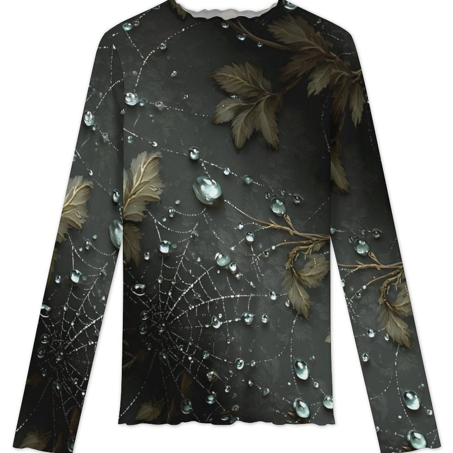 A long-sleeve crewneck shirt with an all-over print of dark gray spiderwebs, brown leaves, and clear water droplets on a white background.