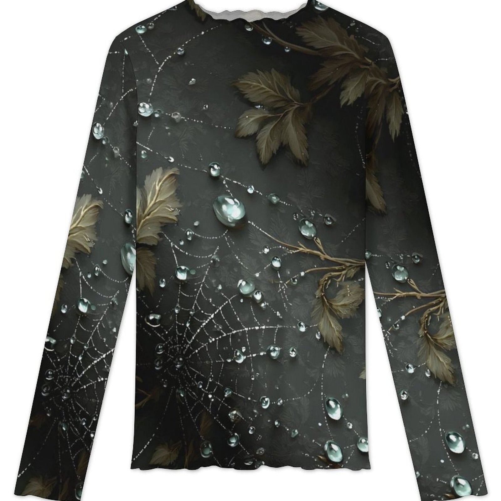 A long-sleeve crewneck shirt with an all-over print of dark gray spiderwebs, brown leaves, and clear water droplets on a white background.
