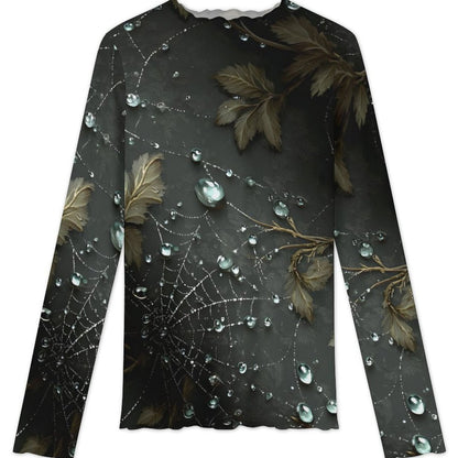 A long-sleeve crewneck shirt with an all-over print of dark gray spiderwebs, brown leaves, and clear water droplets on a white background.