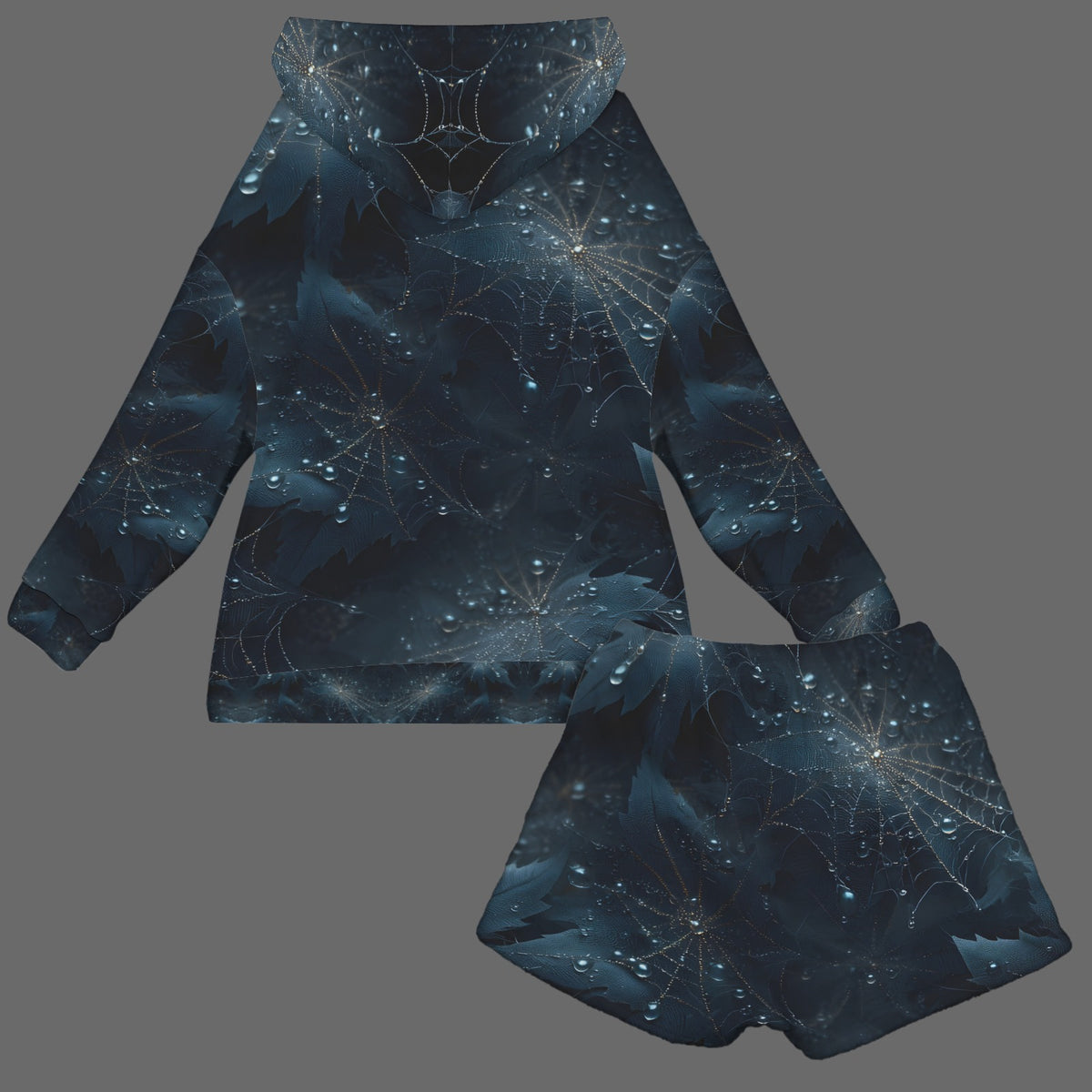 A matching two-piece clothing set consisting of a long-sleeve hooded sweatshirt and shorts, both featuring a dark blue and black spiderweb and spiderfoot pattern with glowing light details, displayed against a solid gray background.