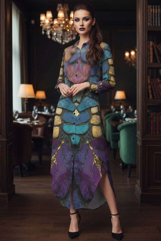 A woman stands in a dimly lit, elegant interior with bookshelves and chandeliers, wearing a long-sleeve button-front dress with an abstract, painterly pattern in purple, teal, blue, and gold.