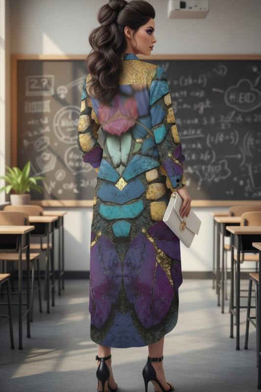 A woman stands in a classroom wearing a long, ornate, highly patterned dress with symmetrical purple, teal, blue, and gold details. She is seen from behind, holding a small white notebook.