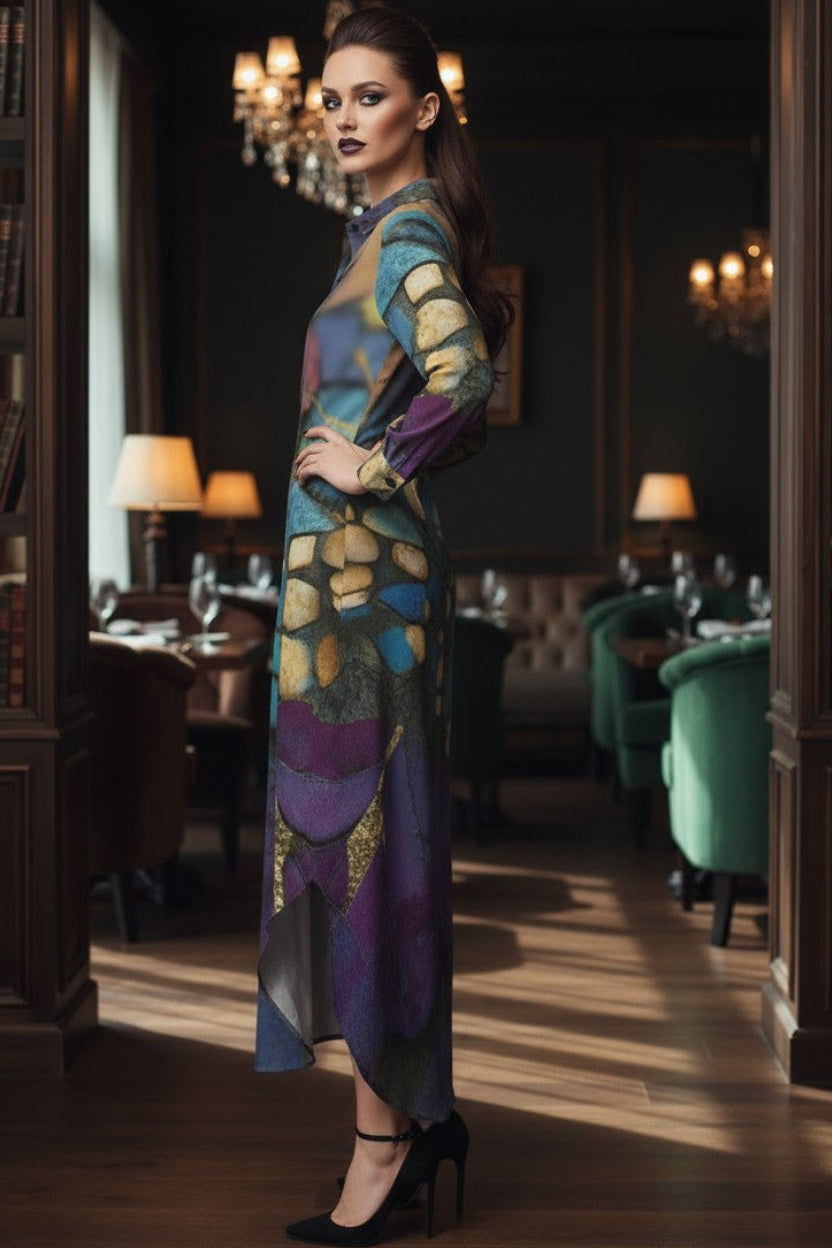 A woman stands in a dimly lit, elegant library or study wearing a long-sleeved, high-neck maxi dress with a colorful abstract pattern in purple, blue, green, and gold. She is wearing black high heels and posing with one hand on her hip.