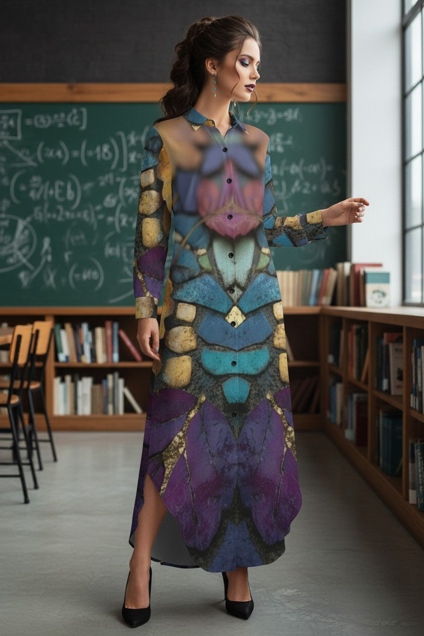 A woman stands in a classroom wearing a long-sleeve button-front dress with a highly detailed, symmetrical fantasy-style print featuring purple, teal, gold, and pink tones. The background shows a chalkboard with mathematical equations and bookshelves.