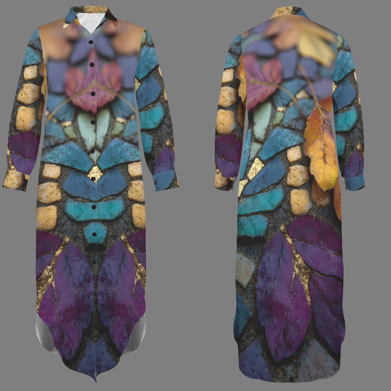 Front and back views of a long-sleeve button-up shirt dress featuring an all-over abstract stained-glass style print with purple, teal, blue, gold, and brown tones, displayed on a solid gray background.