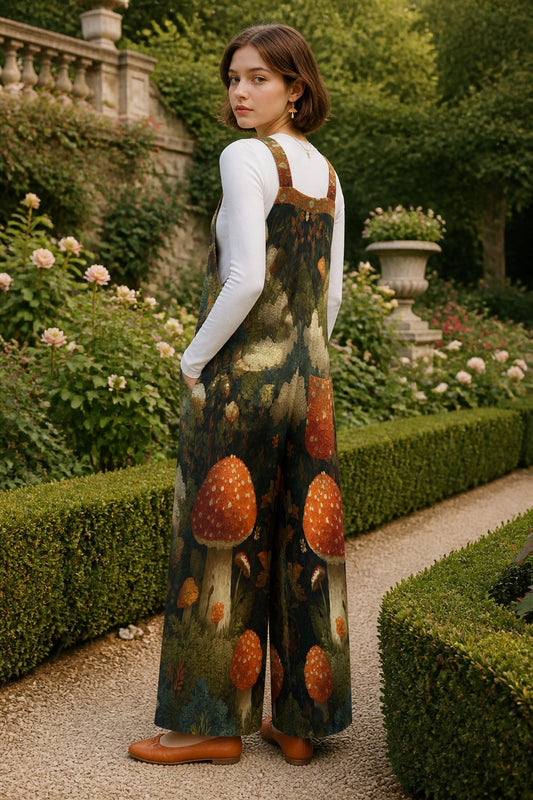 A woman stands in a garden wearing a white long-sleeve top and a wide-leg jumpsuit with a forest and mushroom print. The jumpsuit features dark green and brown tones with large orange and red mushrooms.