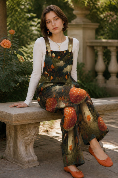 A woman sits on a stone bench in a garden setting, wearing a dark green and brown forest print pinafore jumpsuit with large red-and-white mushrooms, a white long-sleeve top, and orange shoes.