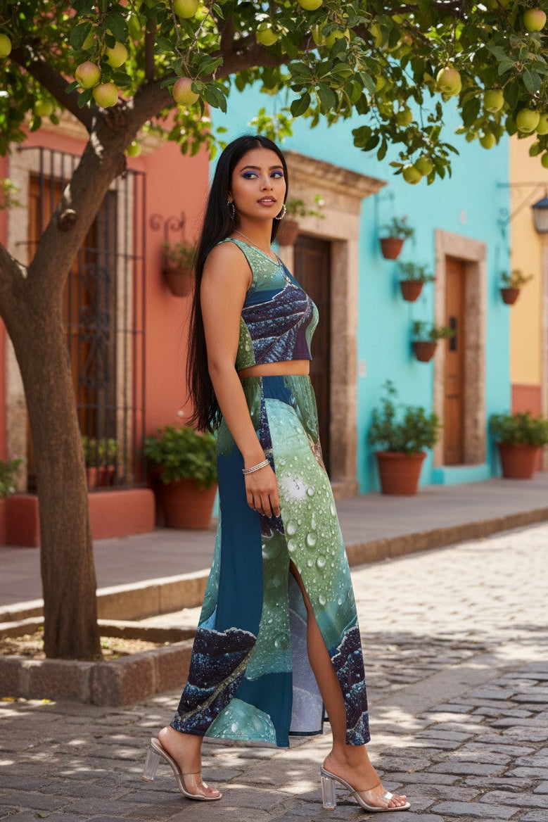 Woman in a colorful outfit standing on a street with a colorful building and tree in the background
