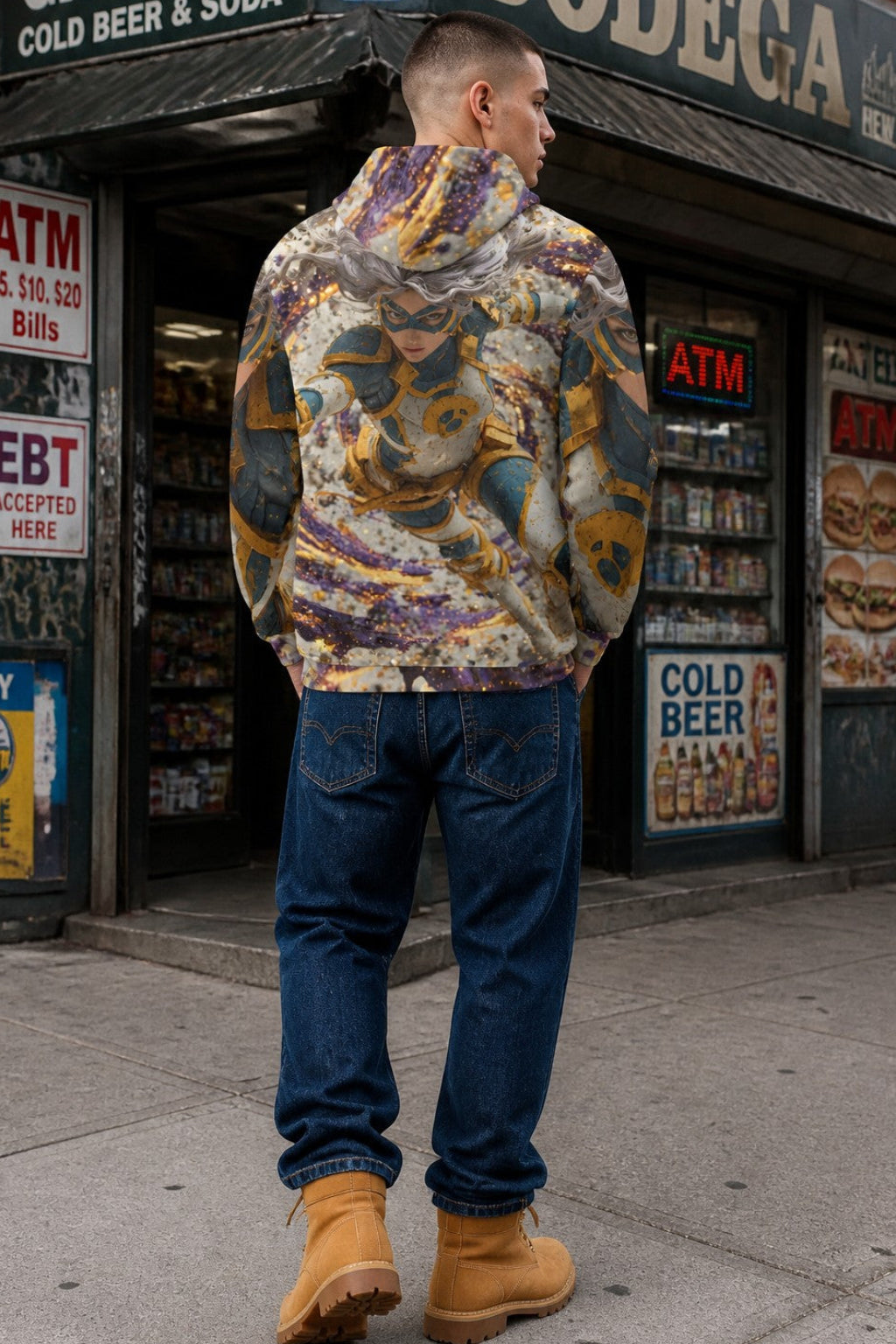 A man stands on a city sidewalk in front of a grocery store, viewed from behind. He is wearing a hooded jacket with a highly detailed, colorful graphic print featuring a cowboy and western motifs, paired with blue jeans and tan boots.