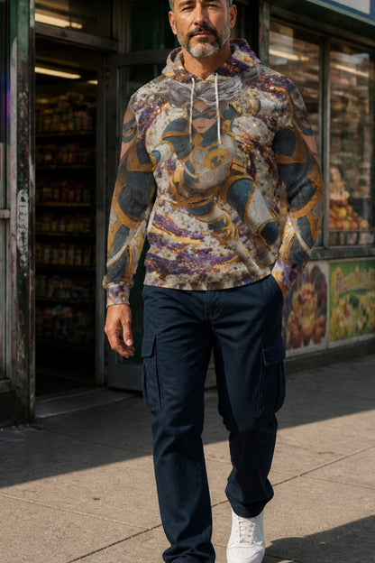 A man walking on a city sidewalk in front of a convenience store, wearing a long-sleeve hoodie with a detailed multicolor graphic print, dark cargo pants, and white sneakers.