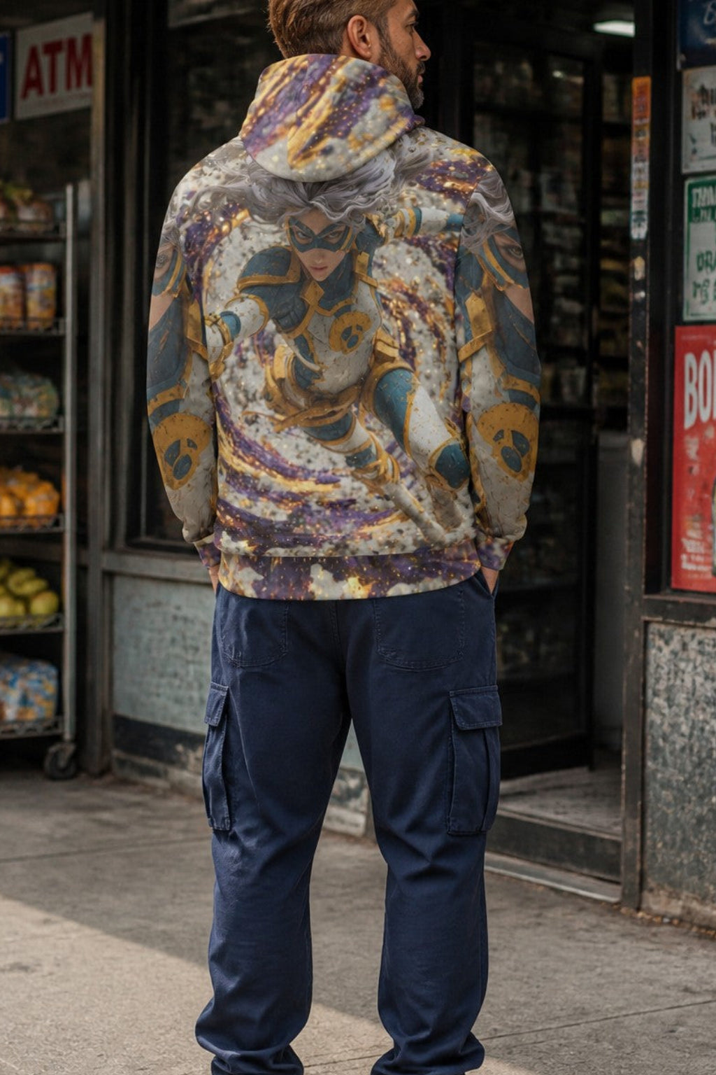 A man standing on a city sidewalk in front of a convenience store, viewed from behind. He is wearing a hooded sweatshirt with a complex multicolor graphic print featuring purple, gold, and blue tones, paired with dark blue cargo pants and white sneakers.