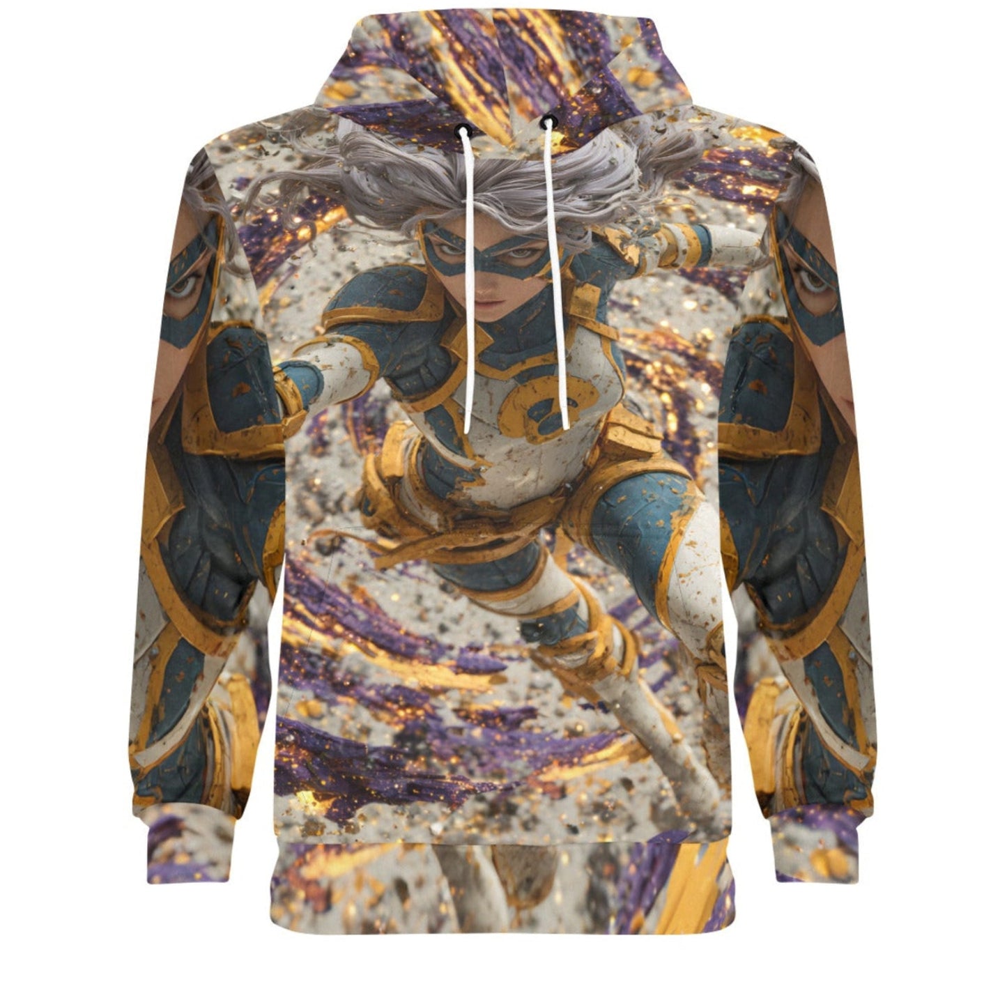 A pullover hoodie featuring an all-over fantasy warrior print in gold, purple, blue, and beige tones, with white drawstrings, shown on a plain white background.
