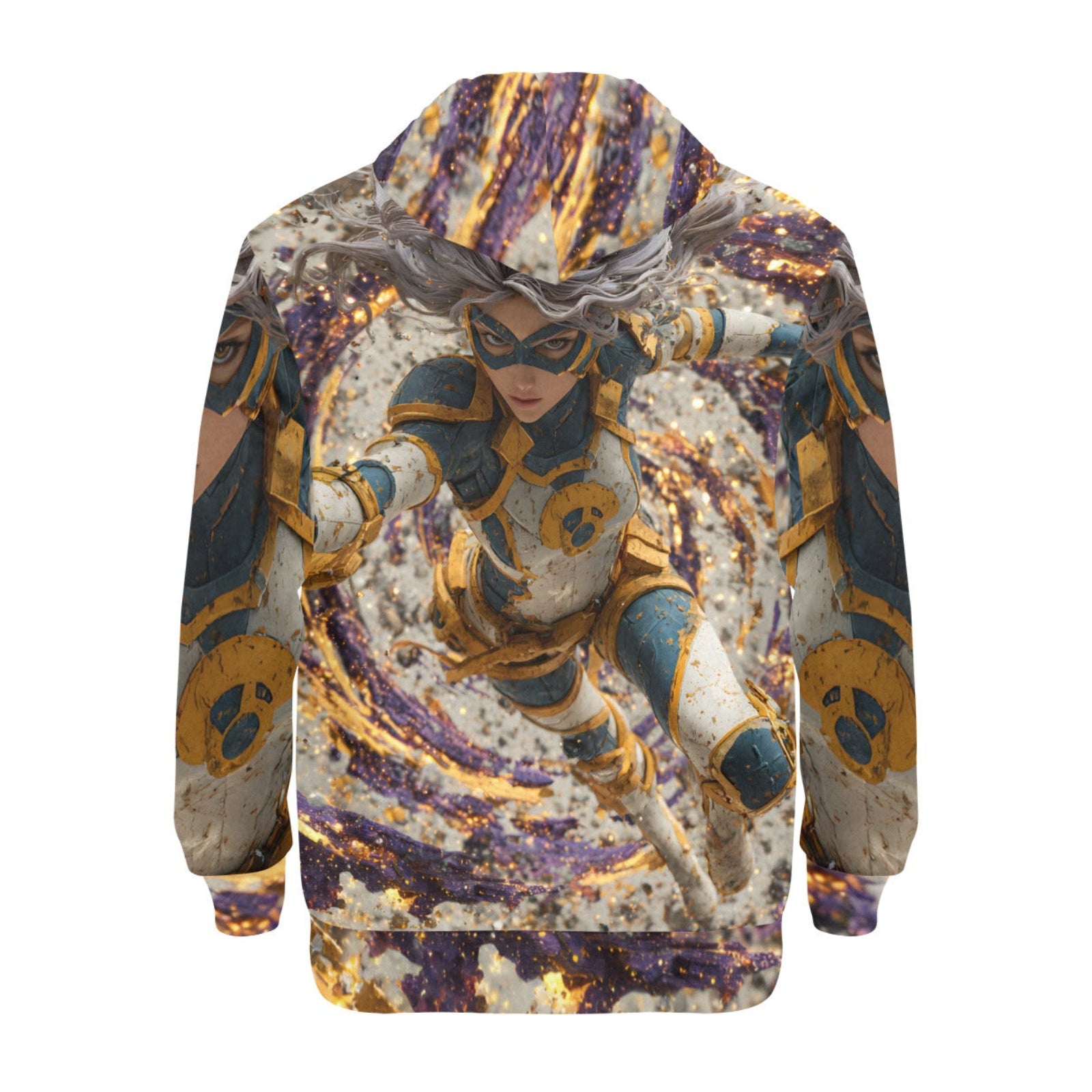 A hooded sweatshirt shown from the back, featuring a detailed graphic print of a female superhero in a dynamic flying pose. The design incorporates gold, purple, teal, and beige tones over a textured, splattered background.