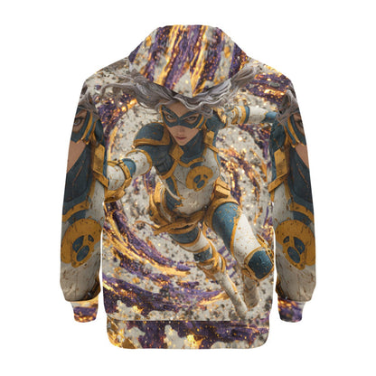 A hooded sweatshirt shown from the back, featuring a detailed graphic print of a female superhero in a dynamic flying pose. The design incorporates gold, purple, teal, and beige tones over a textured, splattered background.