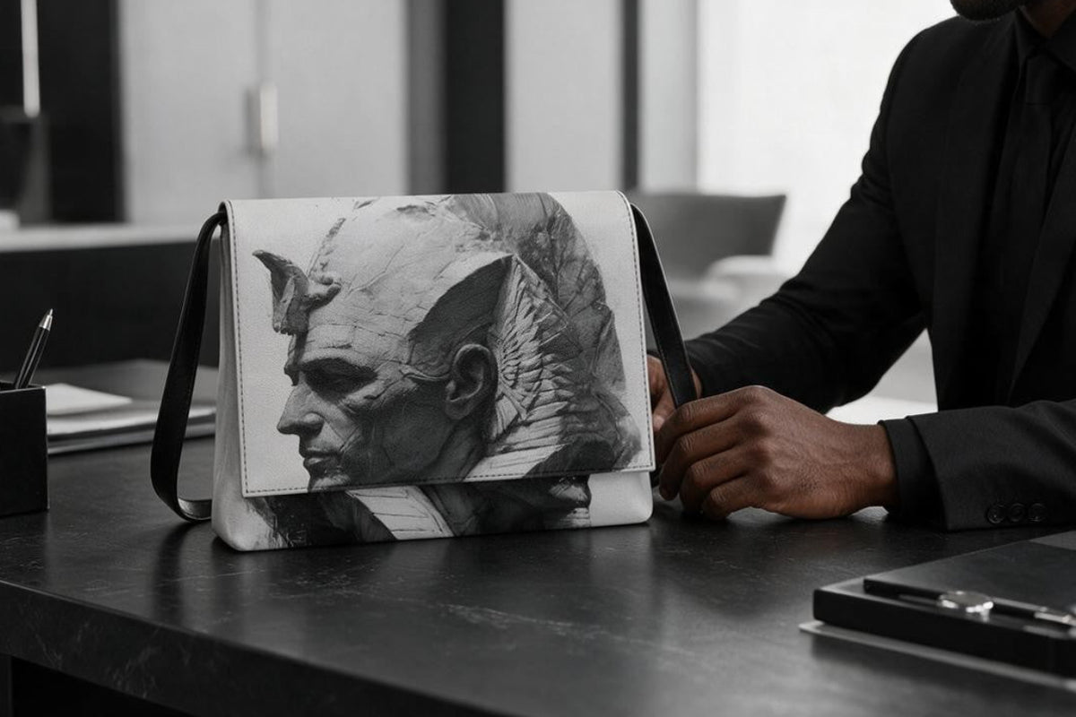 A black and white printed messenger bag with a sculpted profile design sits on a dark desk, with a man in a black suit partially visible on the right side of the frame.