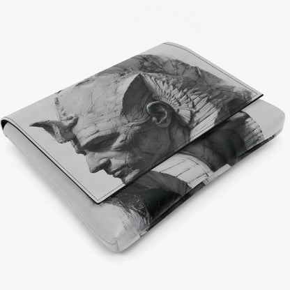 A black and white leather laptop sleeve featuring a detailed sketch-style print of a horned figure, shown on a clean white background.