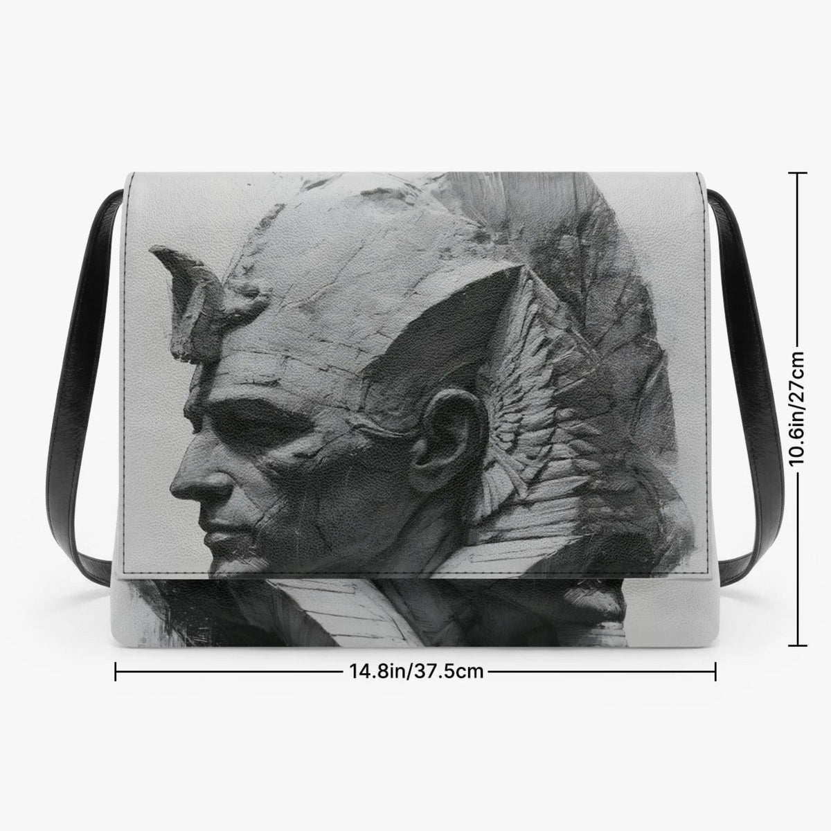 A black and white shoulder bag featuring a sculpted profile of an ancient Egyptian pharaoh, shown with dimension lines indicating its size as 14.8 inches by 10.