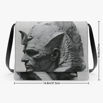 A black and white shoulder bag featuring a sculpted profile of an ancient Egyptian pharaoh, shown with dimension lines indicating its size as 14.8 inches by 10.