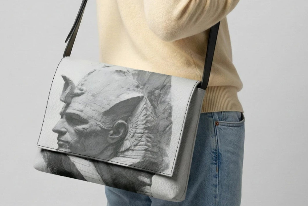 A man wearing a cream knit sweater and blue jeans carries a rectangular shoulder bag with a black strap. The bag has a light gray base with a large black-and-white sculptural face print on the front.