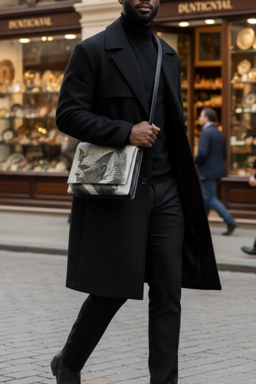 A man in a black overcoat, black turtleneck, and black trousers walks on a cobblestone street while carrying a silver and black patterned shoulder bag. In the background, a storefront with the brand name 'DUNCANIAL' is visible.