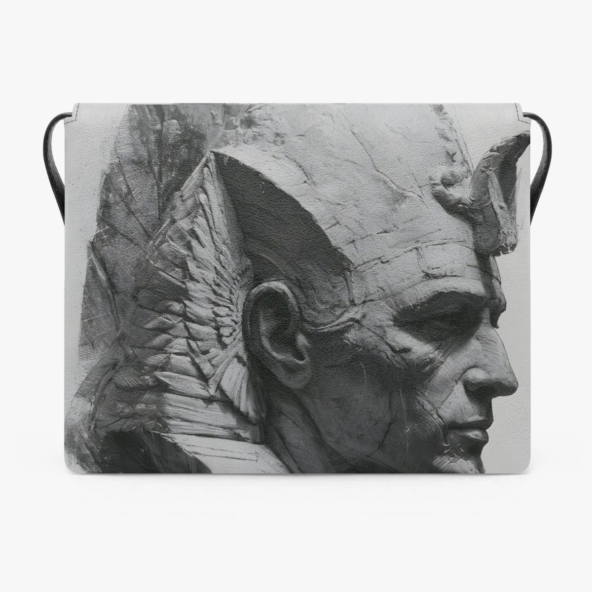 A black and white crossbody bag featuring a detailed sculptural bust print of an ancient Egyptian pharaoh in profile, shown against a plain light gray background.