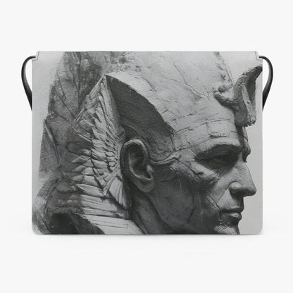 A black and white crossbody bag featuring a detailed sculptural bust print of an ancient Egyptian pharaoh in profile, shown against a plain light gray background.