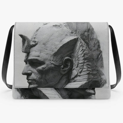A rectangular shoulder bag with a black and white sculptural bust print on the front flap, featuring black shoulder straps and silver-toned metal corner hardware, set against a plain white background.