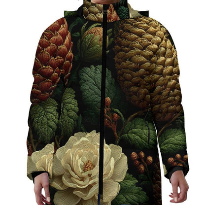 A model wearing a hooded jacket with a detailed botanical print featuring pinecones, artichokes, and a large cream flower on a dark background.