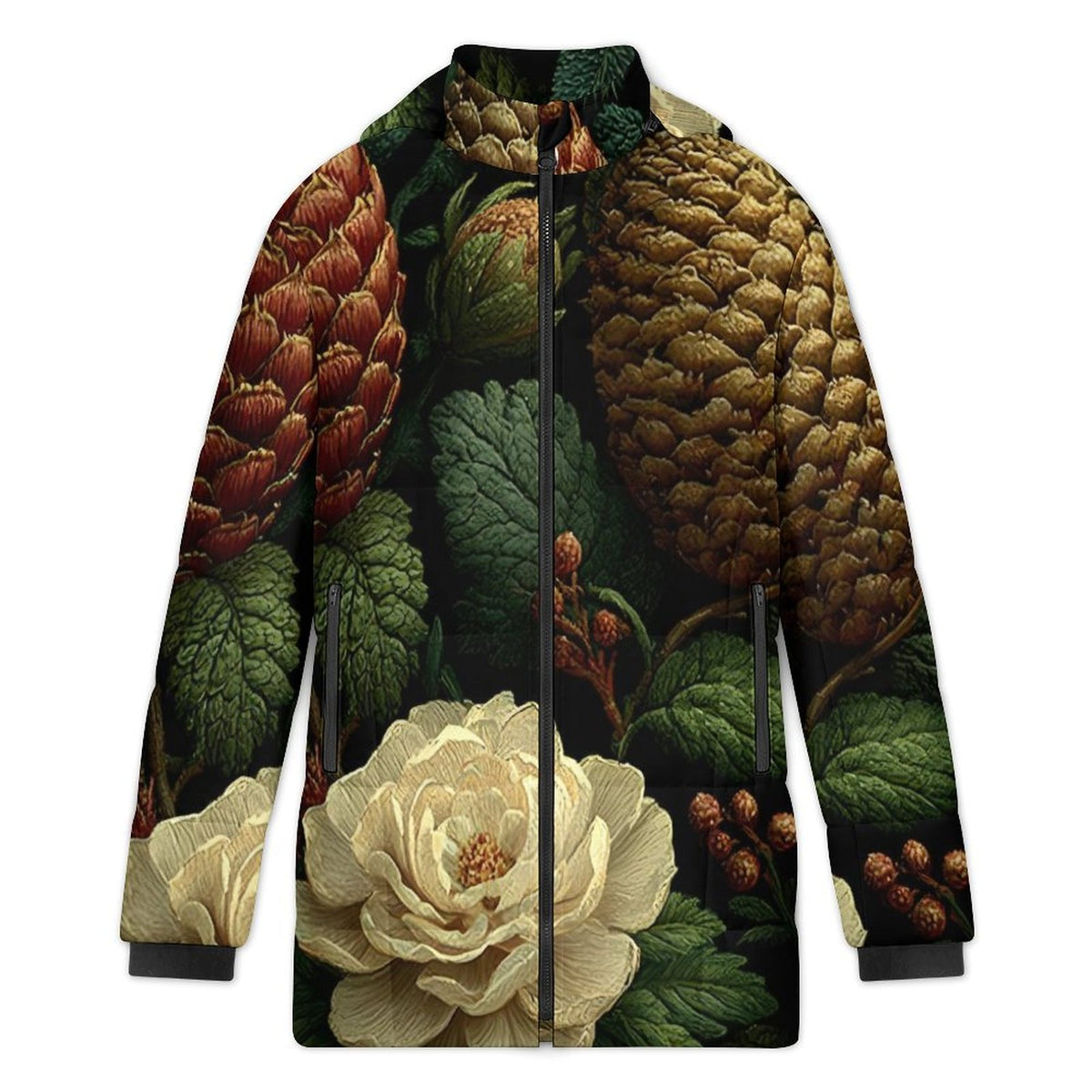 A full-zip jacket featuring an all-over botanical print with pinecones, green leaves, and a large cream-colored flower on a black background.