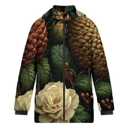 A full-zip jacket featuring an all-over botanical print with pinecones, green leaves, and a large cream-colored flower on a black background.